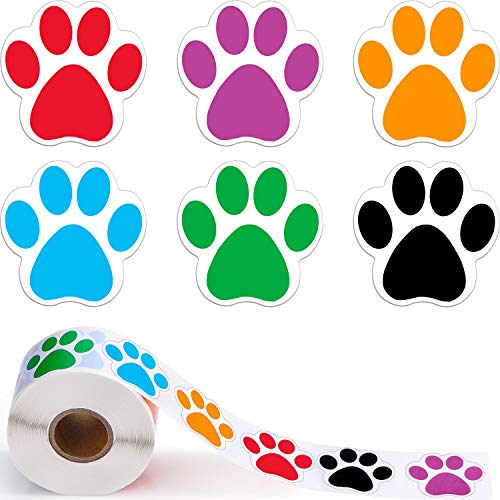 Un Rollo de 600 Piezas Pegatinas de Pata Coloridas Etiquetas de Pata de Perro Pegatinas de Impresión de Pata de Oso, 1,5 Pulgadas, 6 Color con Rojo, Naranja, Verde, Azul, Morado, Negro