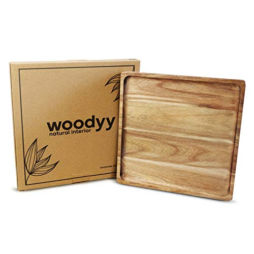 Woodyy Bandeja rectangular de madera de acacia – 25 x 25 cm – se puede utilizar como cuenco decorativo, bandeja para servir y decoración para el salón
