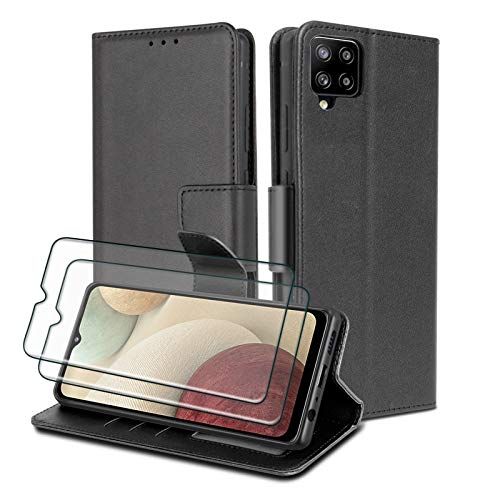 WuGlrz Funda para Samsung Galaxy A12 con 2 Piezas Protector de Pantalla, Lujo PU Cuero Billetera Carcasa con Acollador Magnético Flip Case - Negro