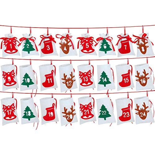 Wuudi - Calendario de Navidad con 24 bolsas de regalo de Navidad, con cordón, calendario de adviento para rellenar, bolsa de regalo, decoración navideña para caramelos y galletas, 10 x 14 cm