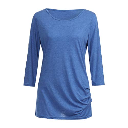 YJ529 Camiseta de mujer Casual Tops delgados Cuello redondo Manga tres cuartos Tops femeninos de longitud media con decoración de botones azul, L Uniquelove