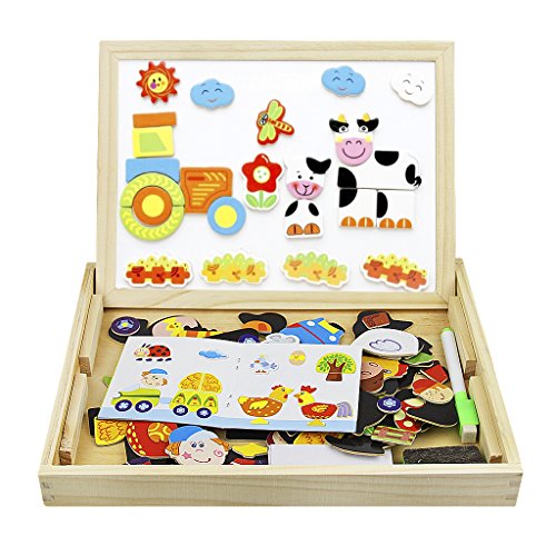 YSXY Puzzle de madera magnética para niños, juguetes educativos con pizarra negra ajustable de madera doble cara para niños de 3 años y más, tabla de dibujo, magnética, juguete educativo creativo
