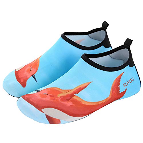 Zapatillas Antideslizantes de río para Hombres y Mujeres, Zapatos de Snorkel para Adultos, de Fondo Suave, Zapatos de Playa de Secado rápido@Azul Tiburon Rojo_38-39 (37-38cm)