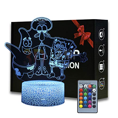 3D ilusión Bob Esponja Squarepants luz nocturna, lámpara de escritorio de dibujos animados con control remoto para niños, decoración de dormitorio, iluminación creativa para niños y Bob Esponja fans