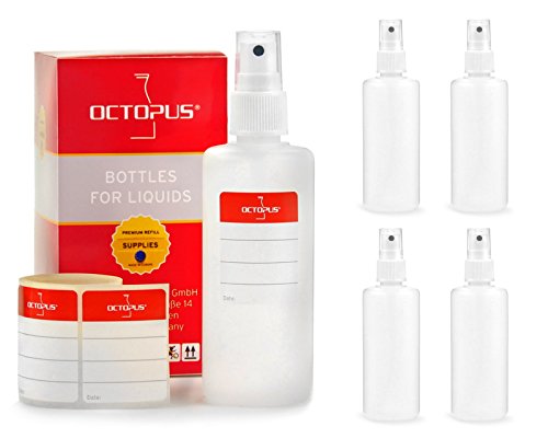 5 Octopus pulverizadores de 100 ml con pulverizador manual, botellas plásticas con pulverizador de bombeo manual, botellas de plástico fabricadas en HDPE con nebulizador, incluye etiquetas para su identificación