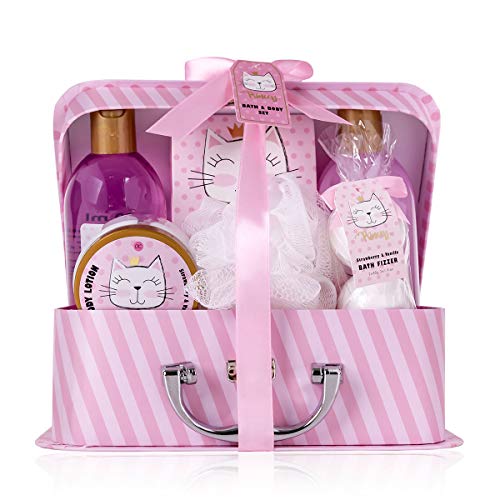 Accentra Set de baño y ducha Princess Kitty para mujeres y niñas, con dulce aroma a fresa y vainilla, 7 piezas en estuche de papel