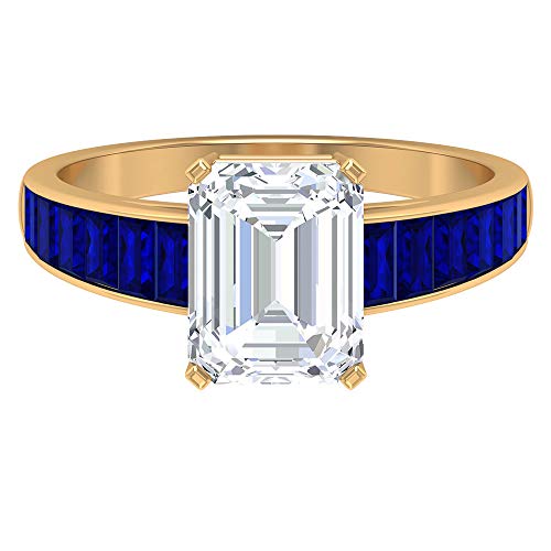 Anillo de moissanita con forma octogonal de 7 x 9 mm, D-VSSI Moissanite Anillo de compromiso, anillo de zafiro azul baguette, 14K Oro amarillo, Size:EU 65