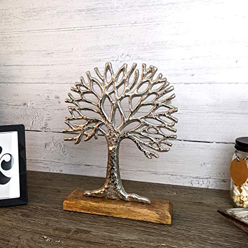 Árbol de la vida decorativo sobre base de madera, aluminio, madera de mango, altura de 28 cm, figura de madera, figura de metal, escultura de decoración plateada/marrón