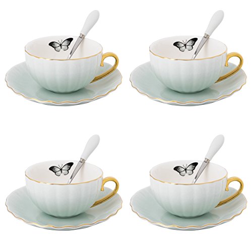 Artvigor, Servicio de café de Porcelana para 4 Personas, 12 Piezas Juego de Tazas de café, 180 ml, Conjuntos de Taza y platillo, Verde Claro + Blanco