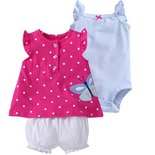 Bebé Niñas Vestido de Manga Corta + Pantalones Cortos + Body, 3 Piezas Conjuntos de Ropa 12-18 Meses
