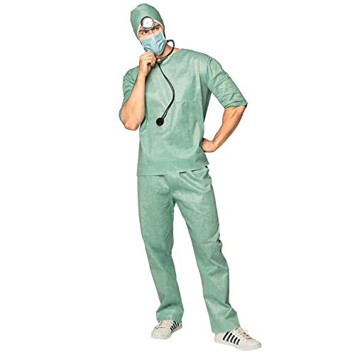 Boland 83887 – Disfraz de Doctor, talla M/L, gorro, diadema con reflector de frente, máscara, estetoscopio, camiseta, pantalón, cirujano, OP, disfraz, carnaval, fiesta temática