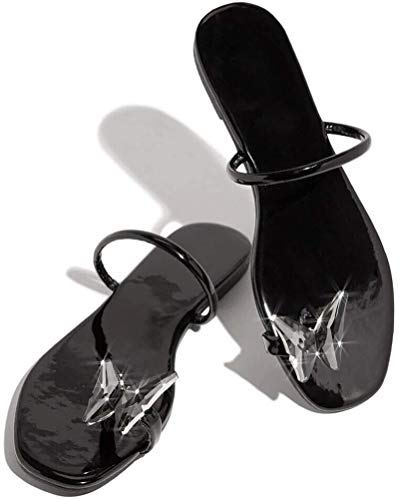 BTKD Sandalias de Diamantes de Imitación de Verano para Mujer Sandalias de Mariposa Planas Abierta Zapatillas de Verano Zapato Sandalias de Moda Transpirables,Negro,37