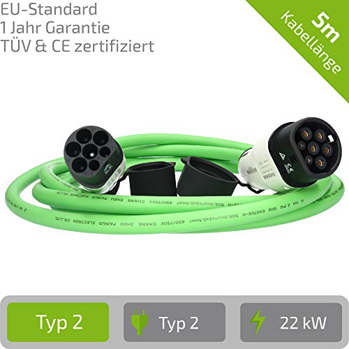 Cable de carga tipo 2 a tipo 2 I trifásico hasta 32A I Verde I Cable de 5 metros de longitud