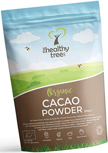 Cacao Crudo Orgánico en Polvo de TheHealthyTree Company para Yogur, Batidos y Repostería - Alto Contenido de Proteínas, Magnesio, Fibra y Potasio - Sin Azúcar, Polvo de Cacao Vegano (500 g)