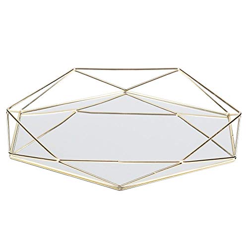 Cafopgrill Bandeja de Espejo de Oro, Bandeja de Almacenamiento de Joyas Baño Sexangle Mirror Metal Gold Cosmetic Jewelry Storage Organizer Tray Box Plate(Oro)