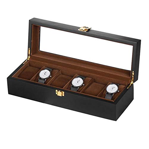 Caja de Almacenamiento de Reloj 6 Ranuras Caja de Soporte de Exhibición de reloj Pulsera de Joyería de Madera Maciza Organizador de Colección con Tapa de Vidrio Negro