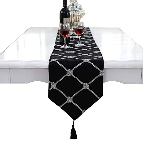 Camino de mesa y manteles individuales, de cuadrados, de Lujo, negro, 28cm x 250cm(11" x 98")
