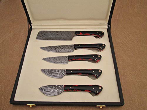 Custom Made Hand Forged Damascus Steel Full Tang Blade Kitchen Knife Set, Overall 40 Inches Length of Damascus Sharp Knives (10.6+9.6+9.0+8.0+7.6) Inches, Leather Suede Sheath (Red & BLK Razon)
