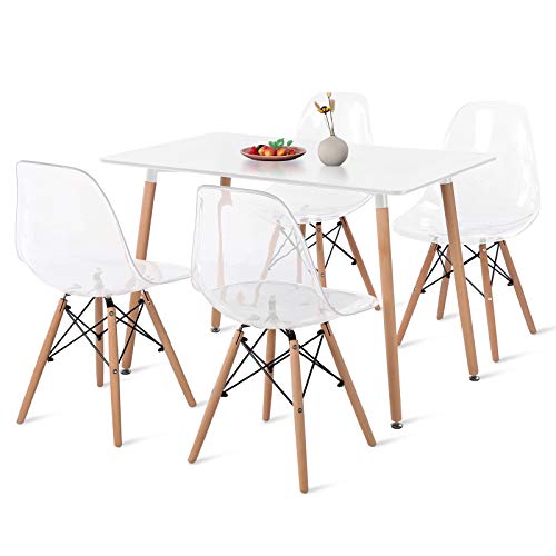 DORAFAIR Mesa Rectangular de Cocina y 4 sillas Transparentes, Juego de sillas de Comedor Moderna Nórdica Patas de Madera