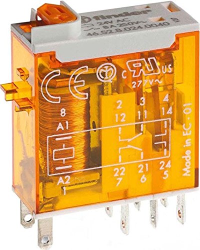 Finder 465282300040 - Mini-relé industrial enchufable 2 contactos 8 A - CA (50/60 Hz) - 230 V con pulsador de prueba e indicador mecánico29 x 13 x 33 cm AgNi (25 x 05 mm) transparente color naranja