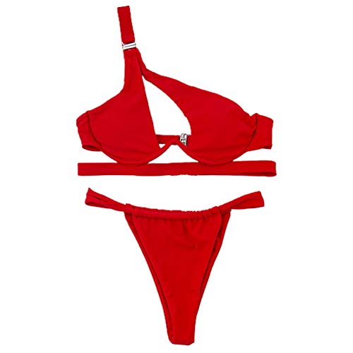 Frolada Bikini Sujetador Tanga Calzoncillos Mujer Sexy Color Sólido Ahueca Hacia Fuera El Traje De Baño Empuja Hacia Arriba rojo S