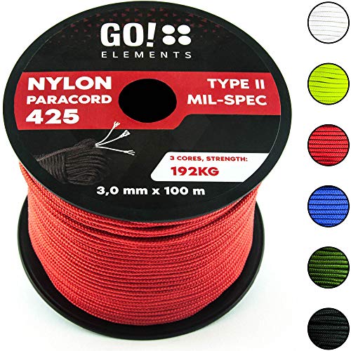 GO!elements 100m Cuerda Paracord de Nylon Resistente al desgarro - 3mm Paracord 425 Tipo II líneas como Cuerda para Exteriores, Cuerda para Todo Uso - línea de Nylon MAX. 192kg, Color:Rojo