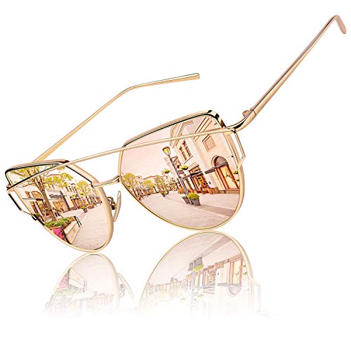GQUEEN Ojos De Gato Espejo Gafas de Sol MS4 para Mujer A Dorado Rosa Grande