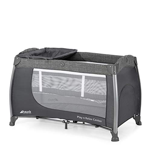 Hauck Cuna de Viaje Play N Relax Center, de Nacimiento hasta 15 kg, 120 x 60 cm, Doble Altura, Cambiador, Ruedas, Bolso de Red, Entrada Lateral, Plegable, Bolsa de Transporte, Gris Melange