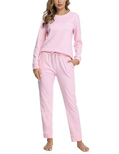 Hawiton Pijamas Mujer Invierno Manga Larga Conjunto de Pijama para Mujer Algodón Pantalones Largo Ropa de Casa 2 Piezas, Rosa, L