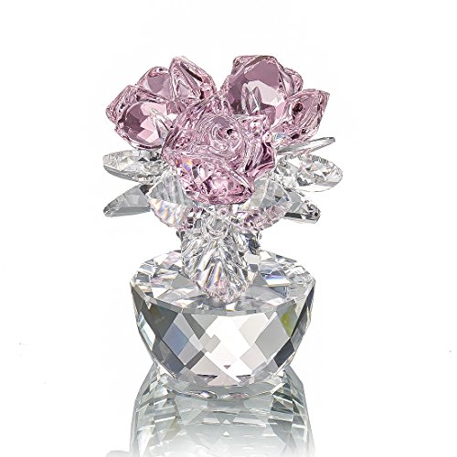 H&D - Figura decorativa con diseño de ramo de rosas de cristal rosa, con caja de regalo