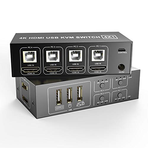 HDMI KVM Conmutador 4 Puertos, USB Switch 4 Entradas 1 Salidas, 4K@60Hz, KVM Switch Compartir 4 Ordenadores con un Monitor con 4 Cables para Teclado, Ratón, Disco Duro, Impresora, Escáner