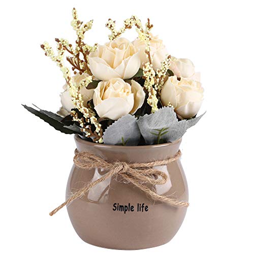 HERCHR Flores Artificiales con jarrón de cerámica, centros de Mesa de arreglo Floral de Rosas de Seda para decoración de Mesa de Comedor