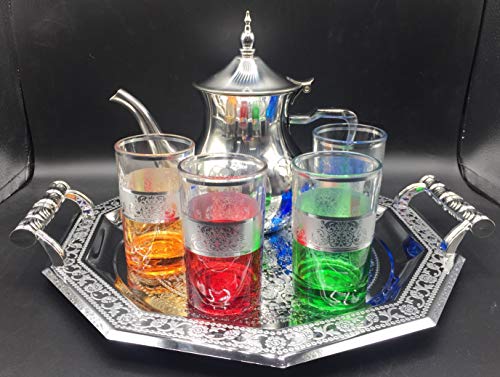 Juego de té marroquí Completo, Tetera con Filtro Integrado 1.2ml + Bandeja 34cm plateada hexagonal con asas - 4 Vasos de cristal + + cuchara de madera para el te de 8cm