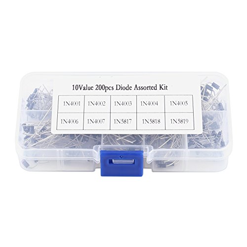 Kit surtido de diodos rectificadores, diodos rectificadores electrónicos de 10 valores con caja de almacenamiento transparente, total 200 piezas