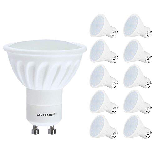 Lampaous® LED GU10, 5 W equivalente a bombilla halógena de 50 W, 3000 K blanco cálido 450 lumens, intensidad no regulable, lote de 10 unidades.120 ° anchos haz.