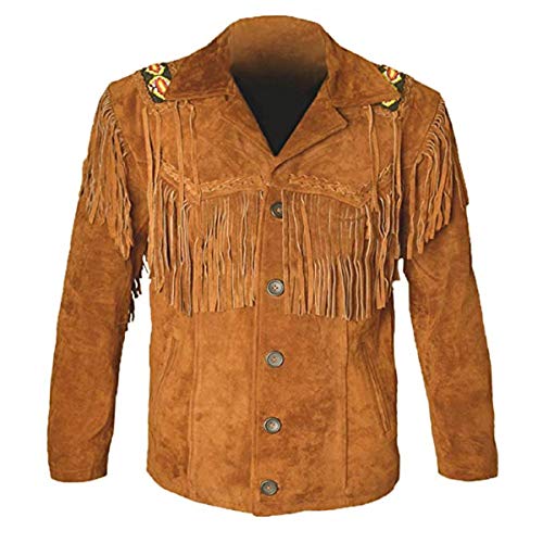 LEATHERAY Western Chaquetas de cuero para hombres Chaqueta de cuero de vaquero y flecos con cuentas abrigo de gamuza camisa de cuero - - Large