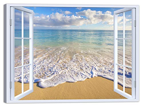 LuxHomeDecor Cuadro para ventana de playa y playa, 100 x 75 cm, impresión sobre lienzo con marco de madera, decoración artística