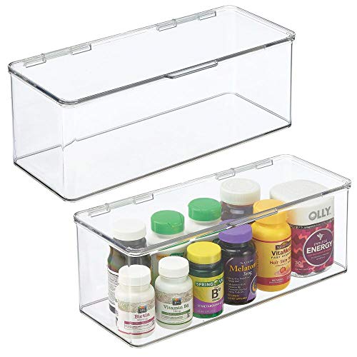 mDesign Juego de 2 cajas organizadoras para baño – Práctica caja con tapa para guardar medicamentos, artículos de aseo o productos de belleza – Organizador de baño apilable – transparente