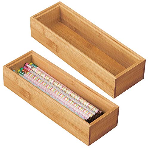 mDesign Juego de 2 cajas organizadoras para escritorio y cajón – Caja rectangular de bambú – Organizador de madera de alta calidad para artículos de oficina y manualidades – color natural