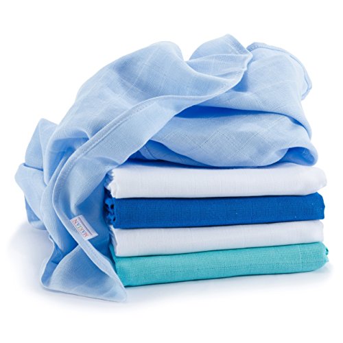 Muselina / Paño / Gasa algodón bebé - 5 Ud., 70x70 cm, azul, blanco - Tejido doble con bordes reforzados, lavable a 60°, certificado OEKO-TEX Standard 100