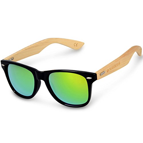Navaris Gafas de sol UV400 - Gafas de madera para hombre y mujer - Gafas de sol con patillas de madera - Negro y verde