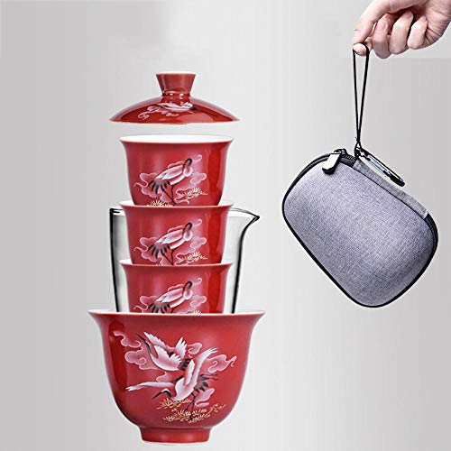 Oficina de viaje portátil Oficina de la casa Gaiwan Taza de cerámica con el bolso Hueso China Tetera Set Set Set English Tarde Tea Juego de té fijado Envío Gratis-Grulla roja