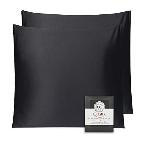 OLESILK Funda de cojín 100% seda con cremallera, cuidado del cabello y la piel, 2 unidades, 65 x 65 cm, color negro