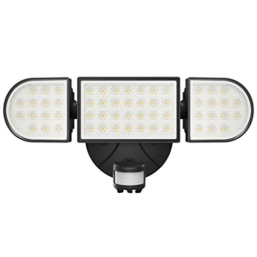 Onforu 55W Foco LED Exterior con Sensor de Movimiento, 3 Cabezas 5000LM Floodlight Foco Proyector LED Impermeable IP65, Blanco Frío 6000K, Iluminación de Seguridad para Jardín, Garaje, Patio, Terraza