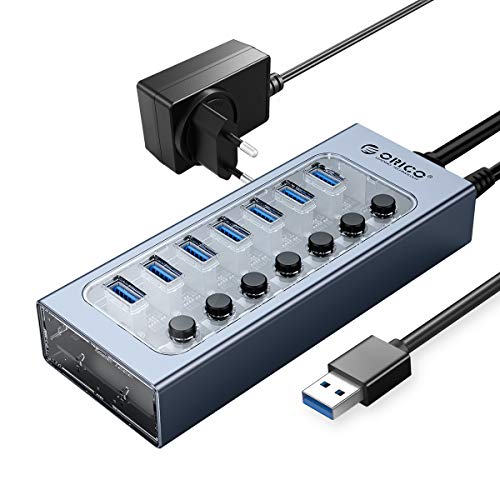 ORICO Powered USB Hub Aluminio+PC 7 Puertos 24W USB 3.0 Hub de Datos con BC1.2 Carga, Interruptor Individual de Encendido/Apagado y Fuente de alimentación de 12V / 2A para PC, iMac, Unidad Flash