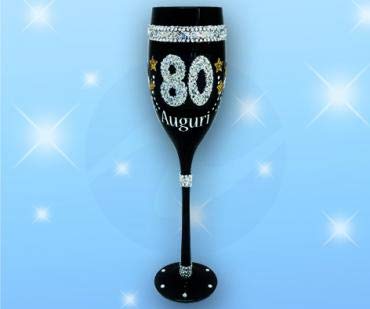 Partycolarità 80 años flauta de cristal negro con impresión Glitter – Idea regalo fiesta 80 cumpleaños