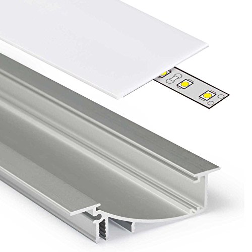 Perfil de aluminio plano (FL) de 2 m, 2 metros, perfil de aluminio anodizado para tiras de LED, juego con carril de cubierta de color blanco lechoso con soportes de montaje y tapas (2 metros de slide)