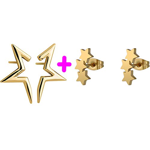 PPX 2 Pares Pendientes de Plata de con 3 Estrellas Trepadores y media estrella pendientes para Mujer, Oro