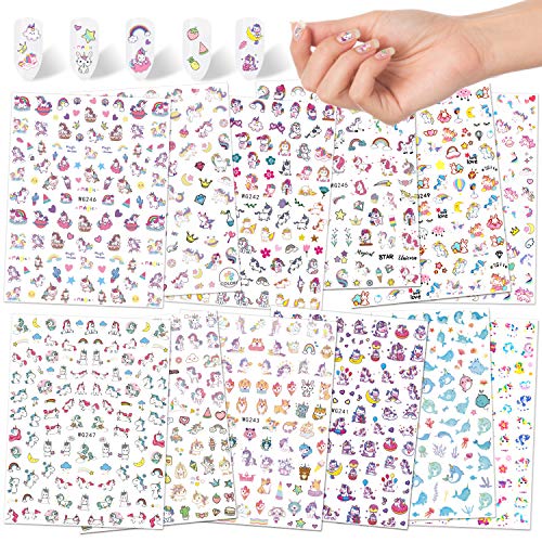 Qpout Unicornio Pegatinas de uñas (1200 diseños), calcomanías de uñas 3D autoadhesivas unicornio arco iris diamante Decoraciones de uñas para niños Niñas Fiesta de cumpleaños Regalo de salón de uñas