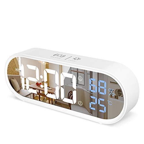 Reloj Despertador Digital con Pantalla LED de Temperatura/Humedad, Reloj Despertador Digital Despertador Dual con 13 Música,4 Niveles de Brillo,12/24 Horas,Función Snooze,Puerto de Carga USB (Blanco)